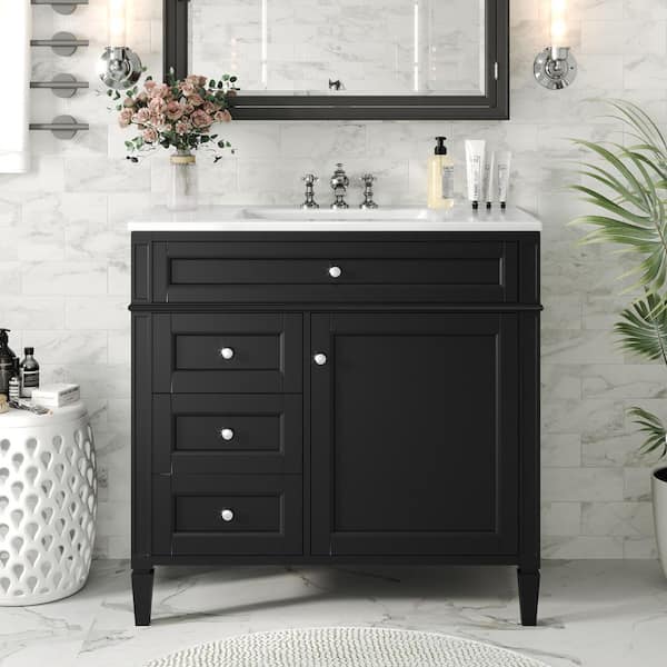 36 in. Single Sink Freestanding Black Bath Vanity with White Ceramic Top, Adjustable Shelf, 3-Drawers, Door Racks