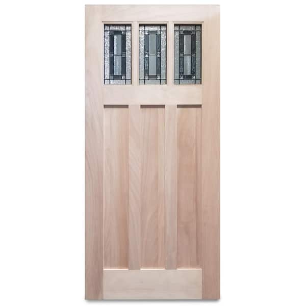 Pacific Entries 36 in. x 79 in. Unfinished 3-Lite Triple Pane Decorative Glass Mahogany Wood Front Door Slab - FSC 100%