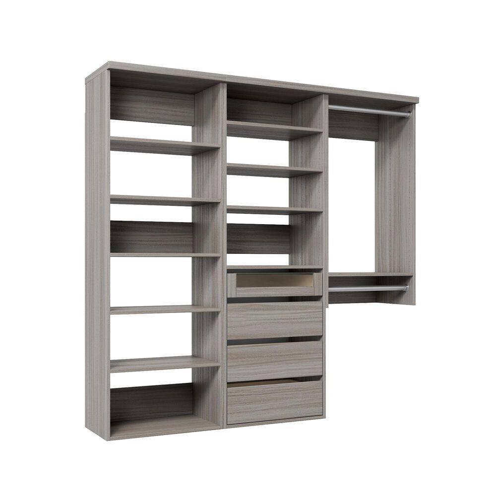 82.5 in. W Grey Oak Reach-in Wall-Mount 2-Rod 4-Reveal-Drawers 10-Shelf Wood Closet System