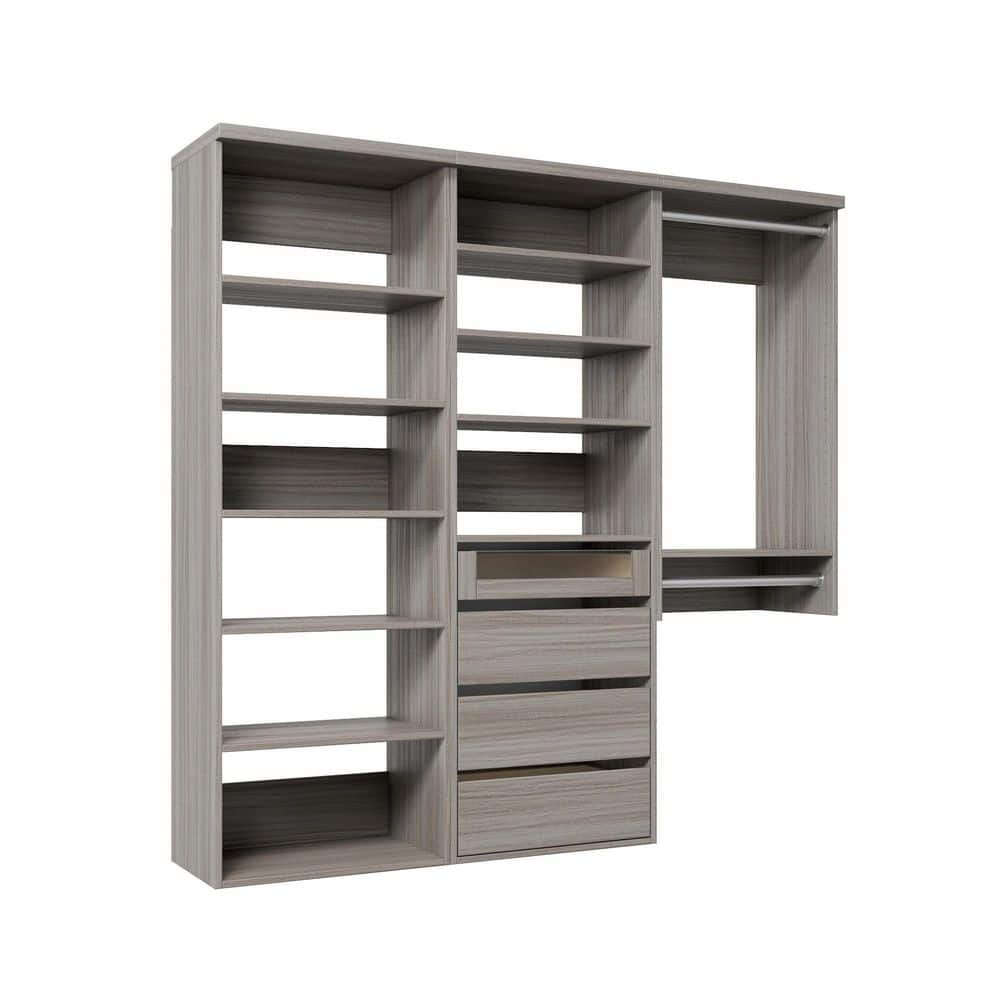 94.5 in. W Grey Oak Reach-in Wall-Mount 2-Rod 4-Reveal-Drawers 10-Shelf Wood Closet System