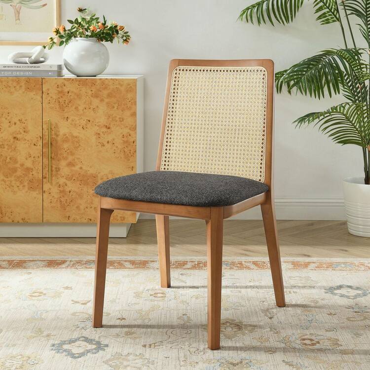 MODWAY Monarch Wood Dining Accent Chair with Cane Back and Padded Seat in Honey Natural Gray