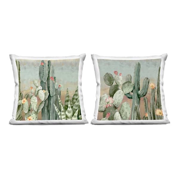 Cactus Blooms Among Thorns Green Print Zipper Polyester 18 in. X 18 in. Throw Pillow Set of 2