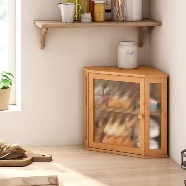 1 Piece Large Capacity Space-Saving Reusable Bamboo Wood Corner Bread Box Set with Acrylic Wavy Door Panel, in Beige