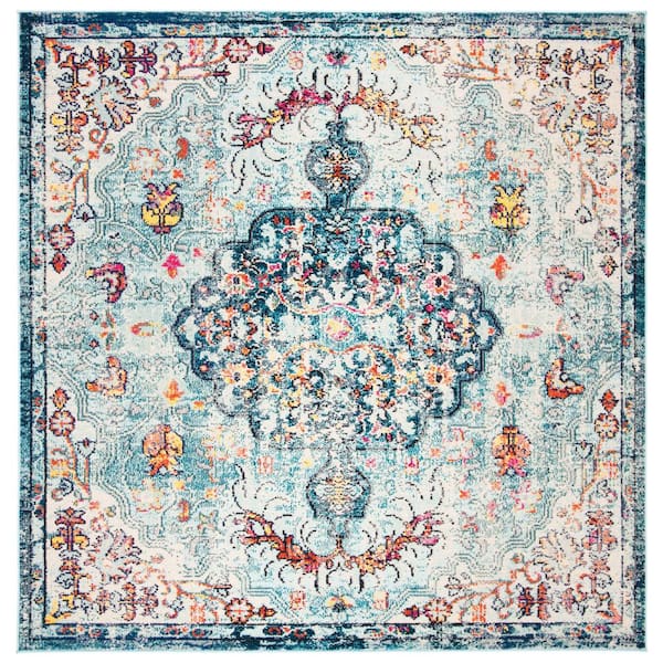 SAFAVIEH Madison Navy/Light Blue 9 ft. x 9 ft. Border Geometric Floral Medallion Square Area Rug