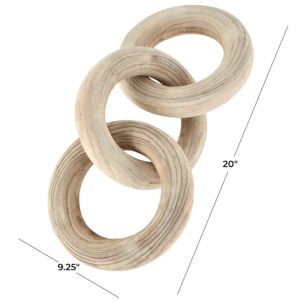 Litton Lane 9 in. x 5 in. Cream Wood 3-Link Chain Sculpture with Natural Wood Grain