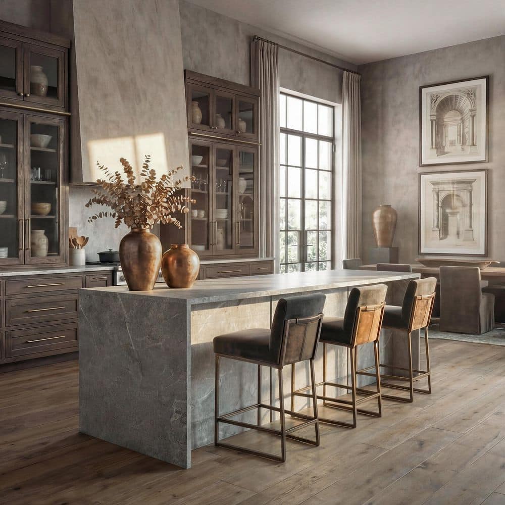 Gray Solieri Marble Finish Wood Top 94.5 in. Kitchen Island with Handleless Beveled Doors and Large Storage