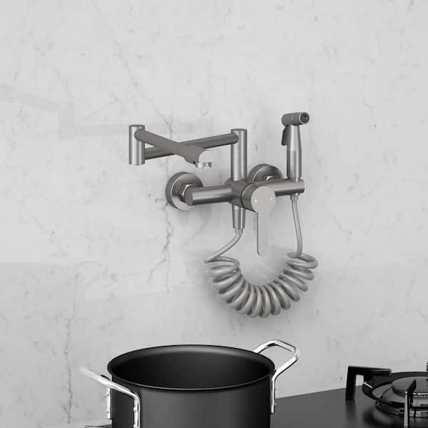 Wall Mount Folding Kitchen Faucet with Spray Gun, Dual Function Pot Filler Tap, 3.1 GPM Water Flow in Brushed Nickel