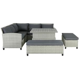 6-Piece Grey Rattan PE Wicker Outdoor Sectional Set with Grey Cushions, 1 Elevating Table and 2 Benches
