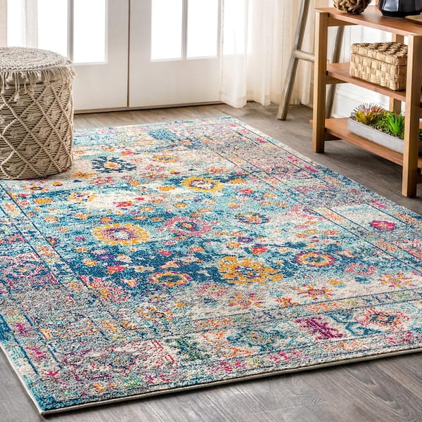 Feizy Area Rugs Abelia Moroccan Floral and Botanical, Blue/Yellow/Orange,  8' x 8' Round Rug