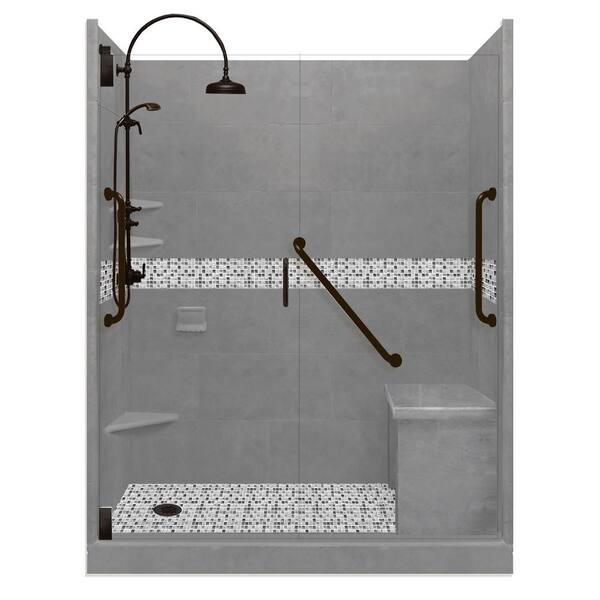 American Bath Factory Del Mar Freedom Luxe Hinged 42 in. x 60 in. x 80 in. Left Drain Alcove Shower Kit in Wet Cement and BK Pipe Hardware