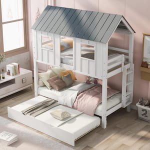White Twin Size Wood House Bunk Bed with Trundle and Guardrail, Low Floor Wood Kids Bunk Bed Frame with Roof and Windows