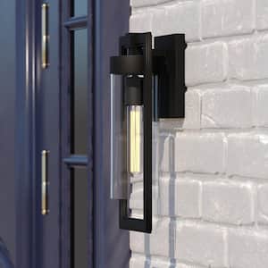 Matte Black Malmo 1-Light Dusk to Dawn Contemporary Outdoor Wall Lantern Clear Cylinder Glass