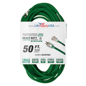 50 ft. 14-Gauge/3 Conductors SJTW 15 Amp Indoor/Outdoor Extension Cord with Lighted End Green (1-Pack)
