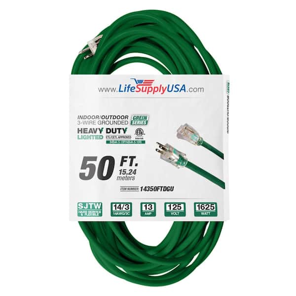 50 ft. 14-Gauge/3 Conductors SJTW 15 Amp Indoor/Outdoor Extension Cord with Lighted End Green (1-Pack)