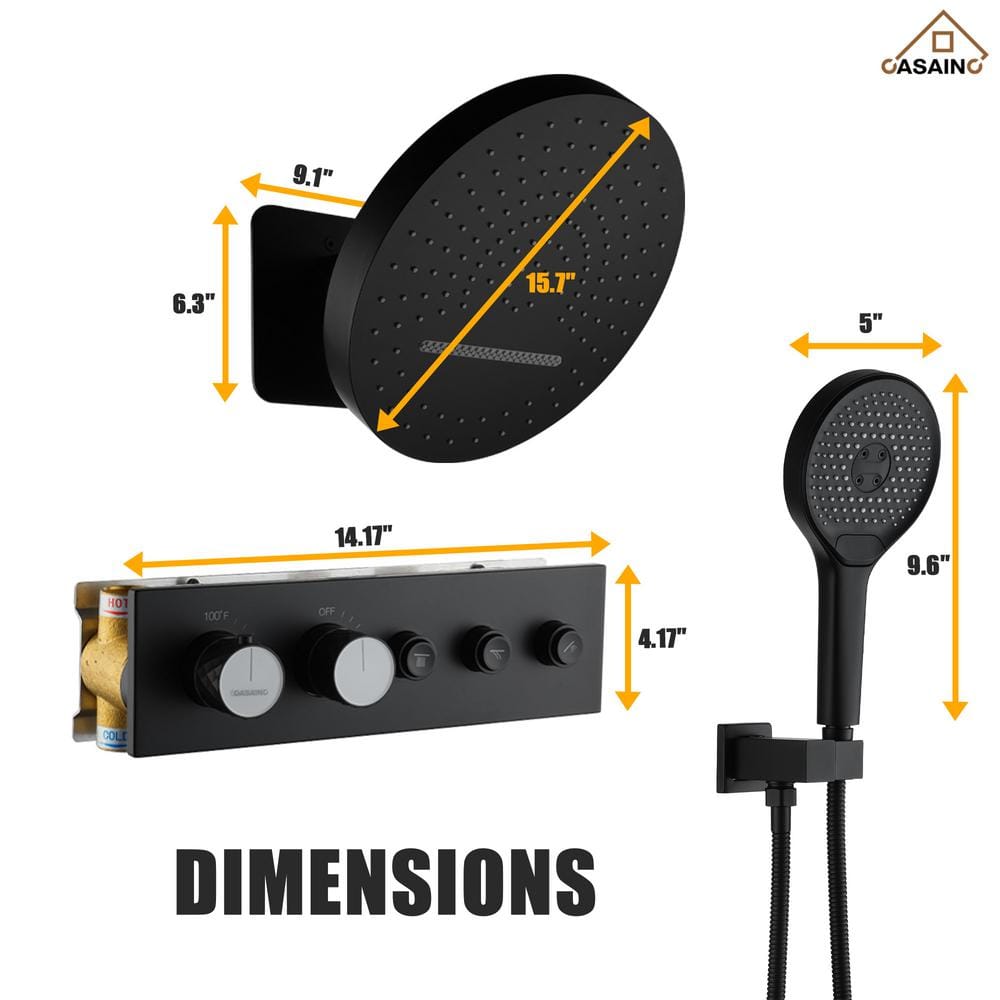 Matte Black Thermostatic Rainfall Shower System with Handheld