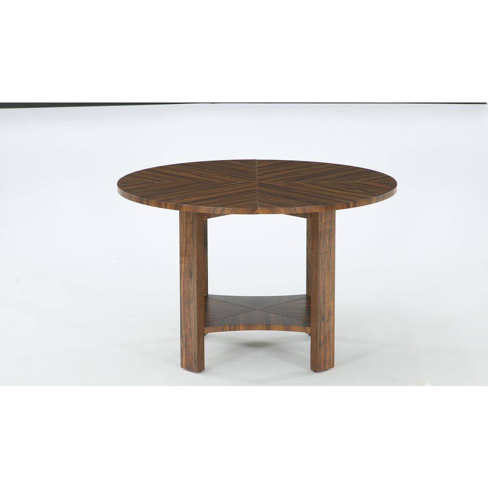 Rustic Brown Wood 47 in. Pedestal Round Dining Table Seats 4-6 People with 2-Tier Storage Shelf Dining Room Living Room