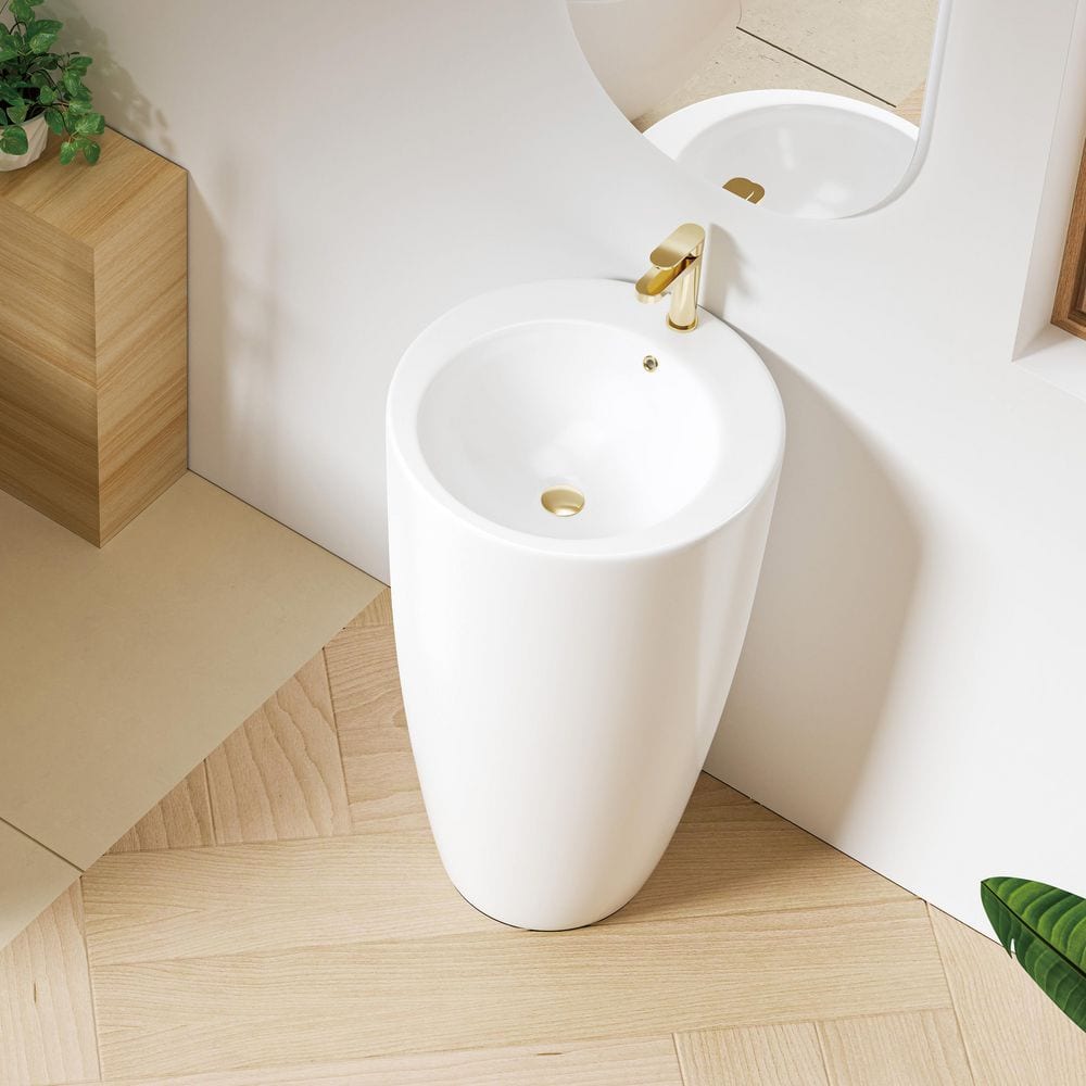 Glossy White Ceramic Round Pedestal Bathroom Sink with Overflow