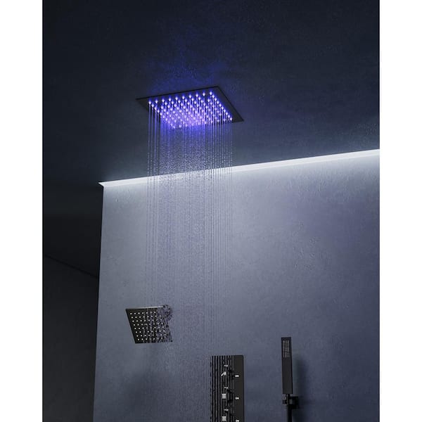 Chromotherapy 7-Spray Square 12in. Rain LED Shower System with 6in. Shower Head Handheld shower in Matte Black 2.5 GPM
