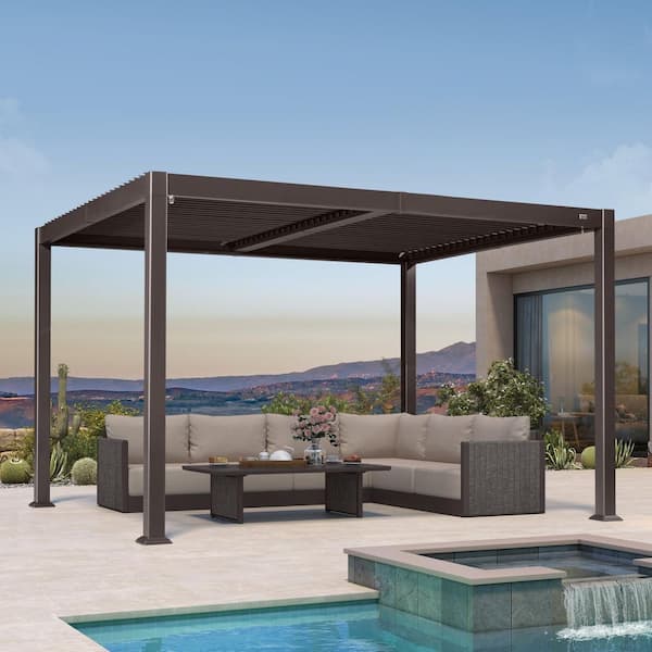 10.2 ft. x 12.3 ft. Bronze Aluminum Outdoor Louvered Pergola with 2-Individual Adjustable Roofs and In-Built Gutter