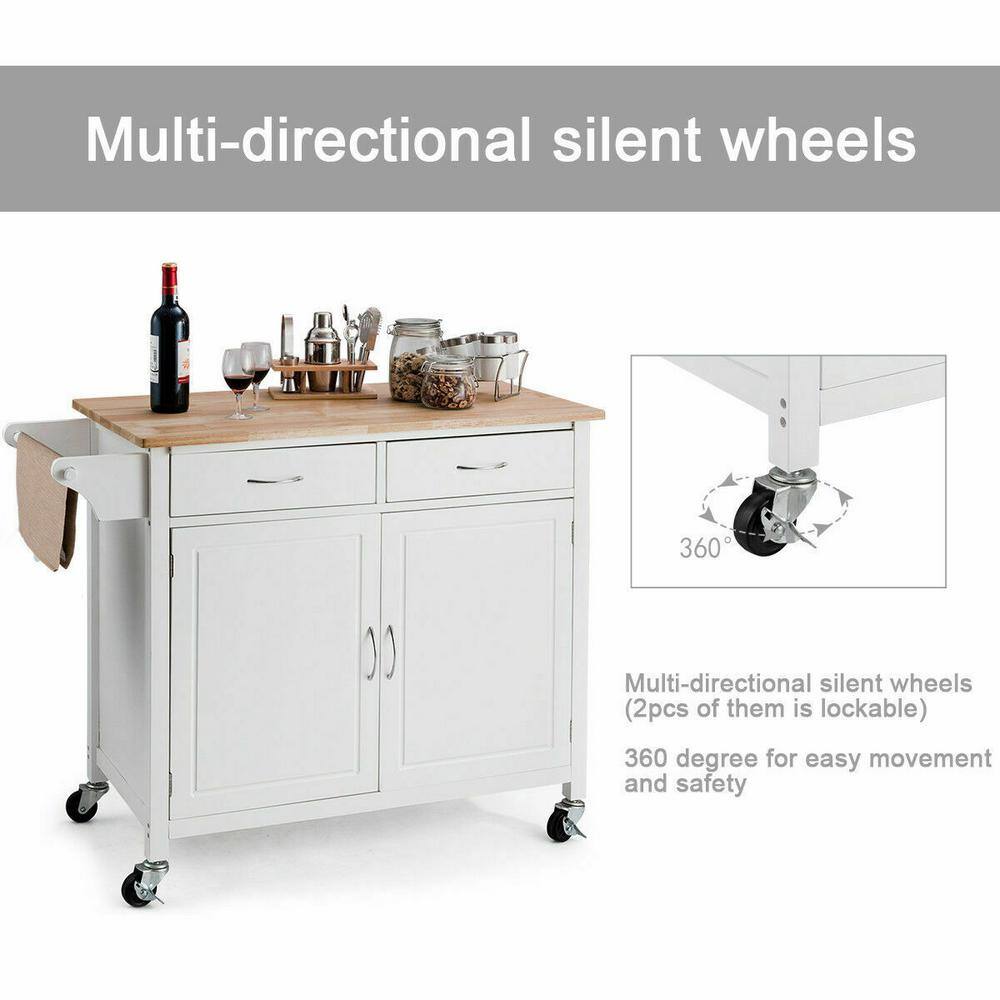 Elegant White Rolling Kitchen Cart with Rubber Wood Top and Storage