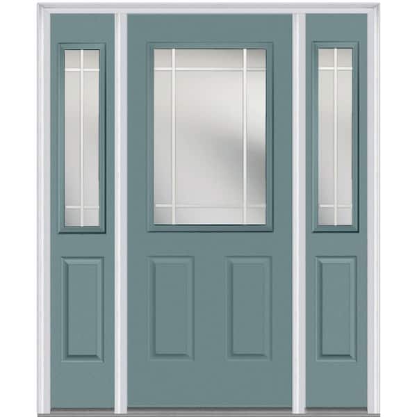 MMI Door 64 in. x 80 in. Internal Grilles Left-Hand 1/2-Lite Clear Painted Fiberglass Smooth Prehung Front Door with Sidelites