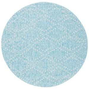 Courtyard Aqua/Gray 7 ft. x 7 ft. Dotted Diamond Distressed Indoor/Outdoor Patio  Round Area Rug
