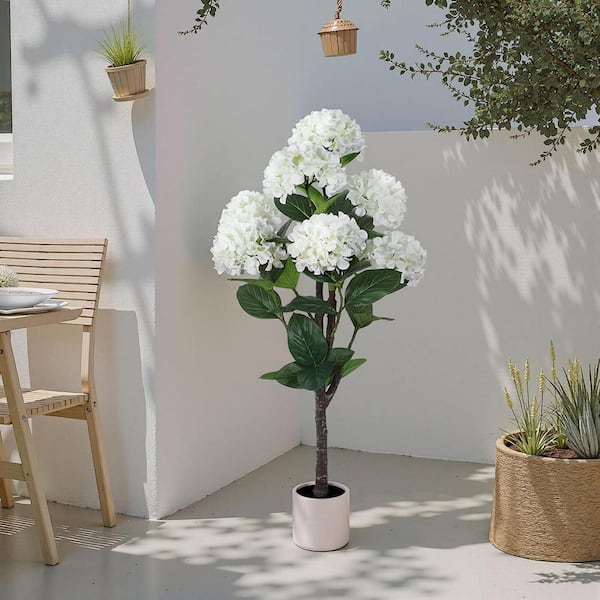 4 ft. Large Faux Hydrangea Plant in White Planter, Home and Garden