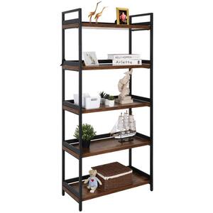 5 tiger Ladder Storage 68 in. Brown Wooden 5-Shelf Etagere Standard Bookcase with Open Back