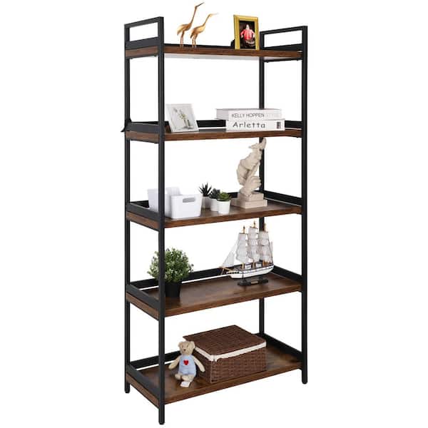 VEIKOUS 5 tiger Ladder Storage 68 in. Brown Wooden 5-Shelf Etagere Standard Bookcase with Open Back