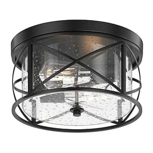 Industrial 11.81 in. 2-Light Black Farmhouse Flush Mount Ceiling Light with Seeded Glass Shade