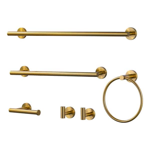 Stainless Steel 6 -Piece Bath Hardware Set with 2-Towel Hooks, Towel Ring, Toilet Paper Holder and 2-Towel Bars in Gold