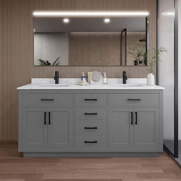 Wyndham Collection Beckett TK 72 in. W x 22 in. D x 35 in. H Double Sink Bath Vanity in Dark Gray with Matte Black Trim Giotto Quartz Top