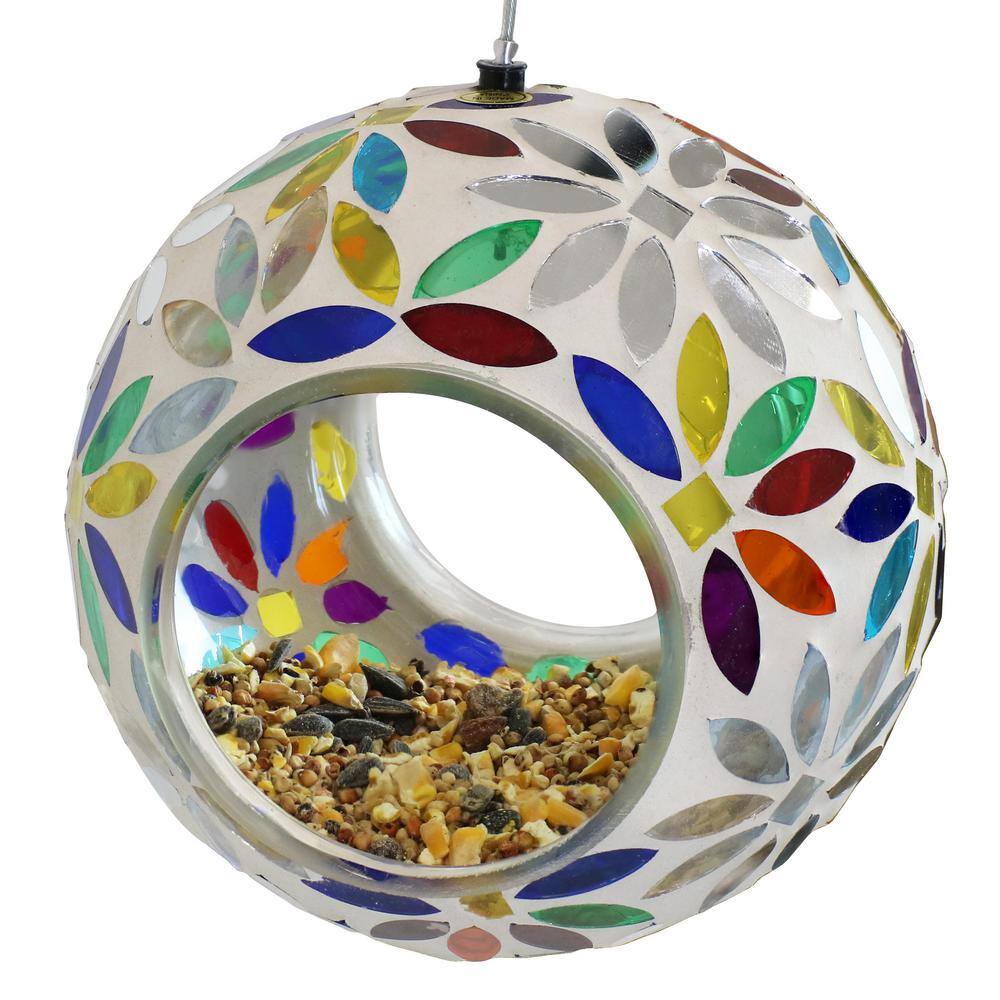 6-Inch Round Glass Mosaic Hanging Bird Feeder with Rainbow Daisies
