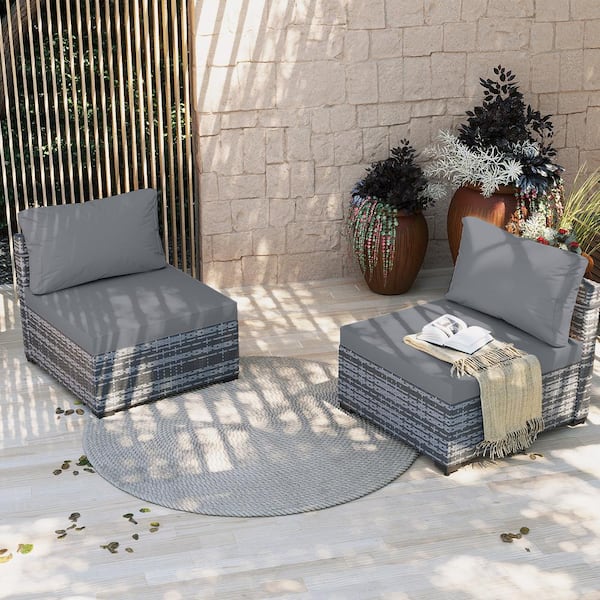 UPHA 2-Pieces Gray Wicker Patio Conversation Seating with Light Gray Cushions