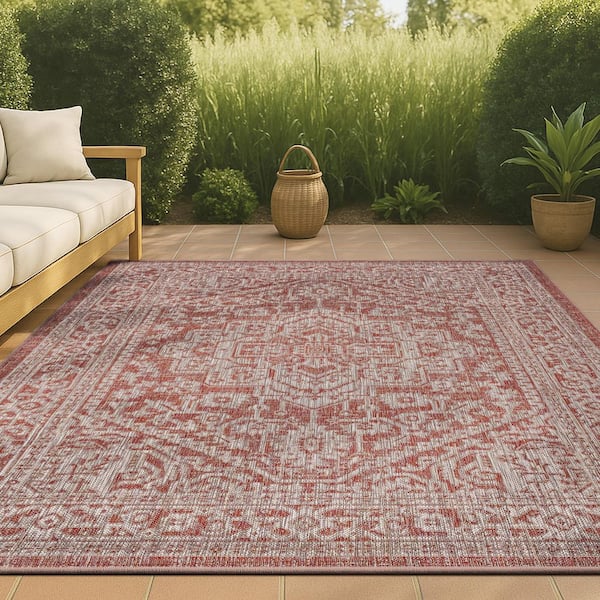 Sinjuri Medallion Red/Taupe 7 ft. 9 in. x 10 ft. Textured Weave Indoor/Outdoor Area Rug