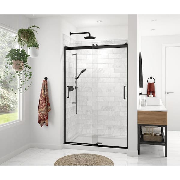 MAAX Revelation Round 47 in. W x 73 in. H Sliding Shower Door/Enclosure Alcove Installation in Matte Black with Clear Glass