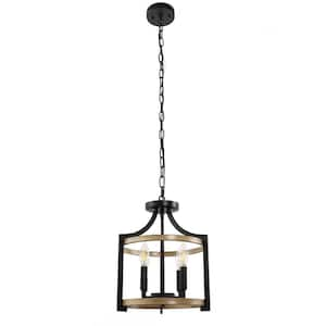 4-Light Black and Gray Wood Drum Pendant Light, Convertible Semi Flush Mount Ceilingfor Dining Room,Bedroom, Foyer