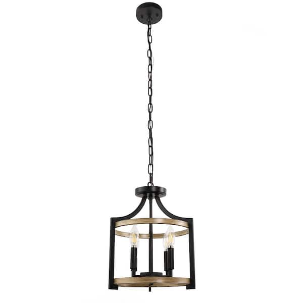 YANSUN 4-Light Black and Gray Wood Drum Pendant Light, Convertible Semi Flush Mount Ceilingfor Dining Room,Bedroom, Foyer