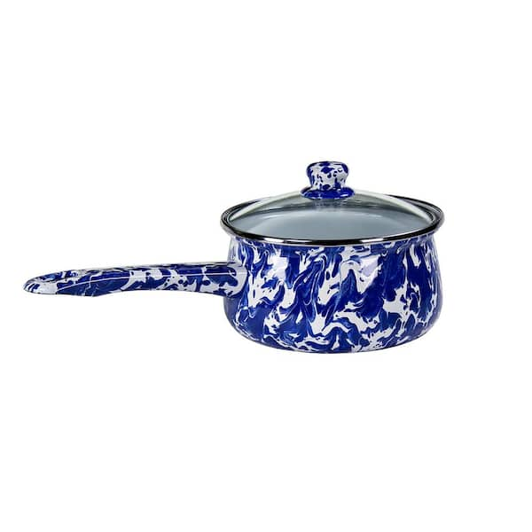 Golden Rabbit Cobalt Swirl 1.25 qt. Porcelain-Coated Steel Sauce Pan in Sea Glass with Glass Lid