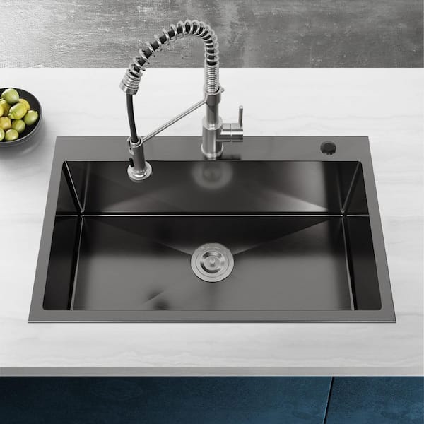 30 in. Drop-In Single Bowl Black Stainless Steel Kitchen Sink with US Standard Drain and Hook