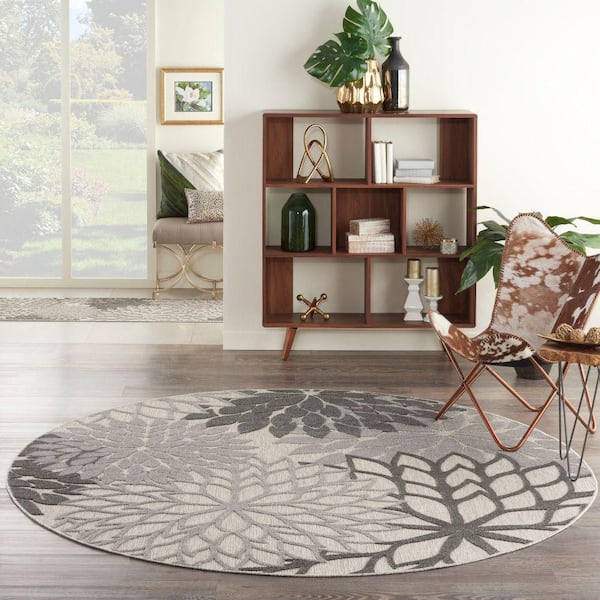 Aloha Gray 8 ft. x 8 ft. Round Floral Modern Indoor/Outdoor Patio Area Rug