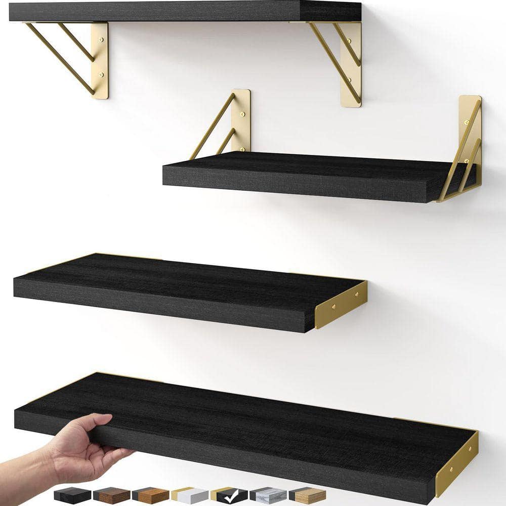 17 in W x 6 in D Black Gold Decorative Wall Shelf for Bedroom Decor, Floating Shelves for Wall Storage Set of 4