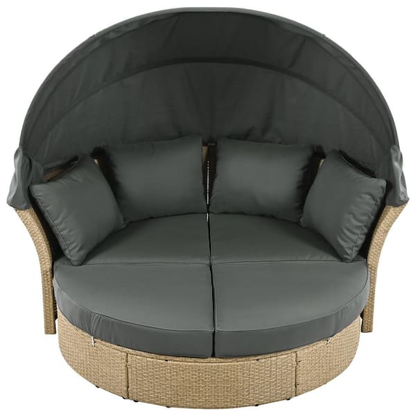 Yellow Wicker Rattan Outdoor Double Day Bed, Round Sofa with Gray Cushions and 4 Pillows