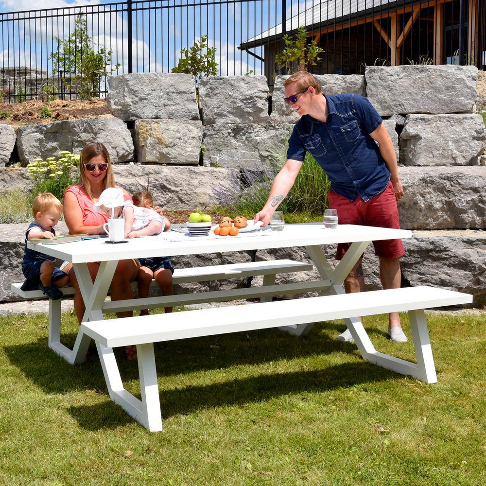 White Aluminum Modern 8-Seat Picnic Table with Attached Benches