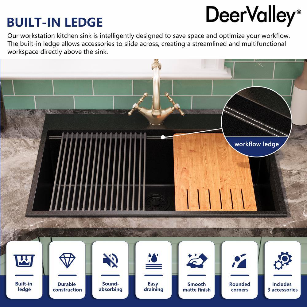 33" Black Granite Composite Drop-In Single Bowl Kitchen Sink