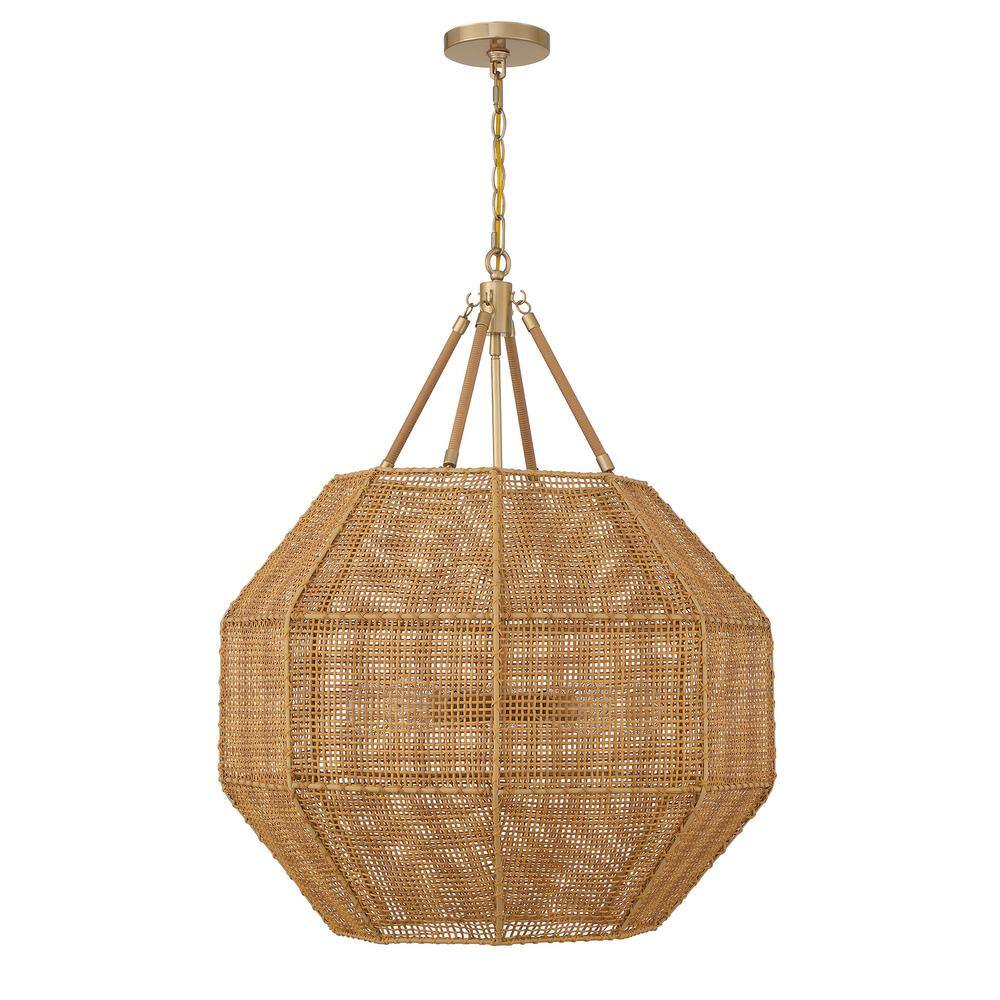 Burnished Brass and Rattan 5-Light Octagon Pendant