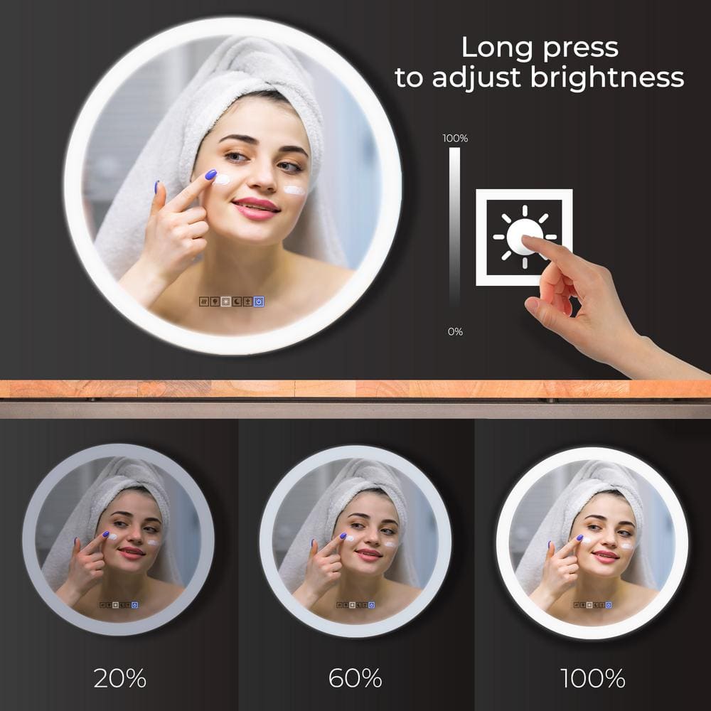 Elegant 28" Round Frameless LED Bathroom Mirror with Touch Sensor