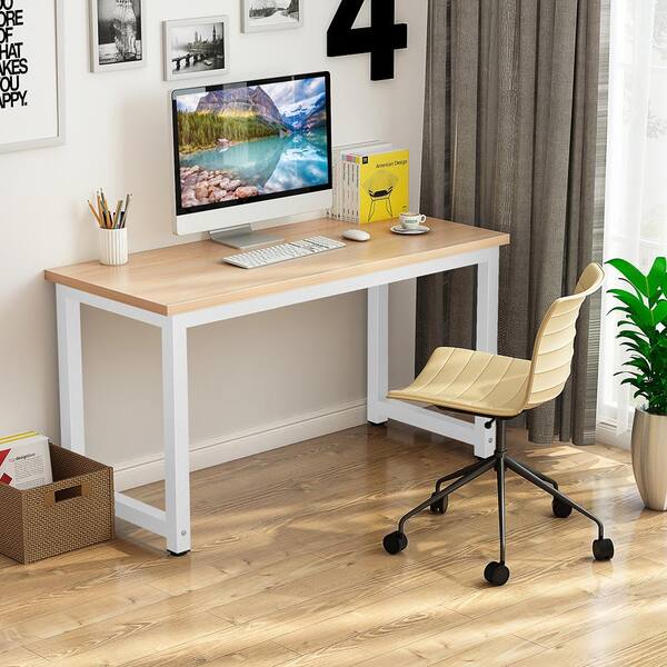 Computer PC Laptop Desk Study Table Workstation for Home Office and More Dripex Modern Simple Style Steel Frame Wooden Home Office Table Light-Beech