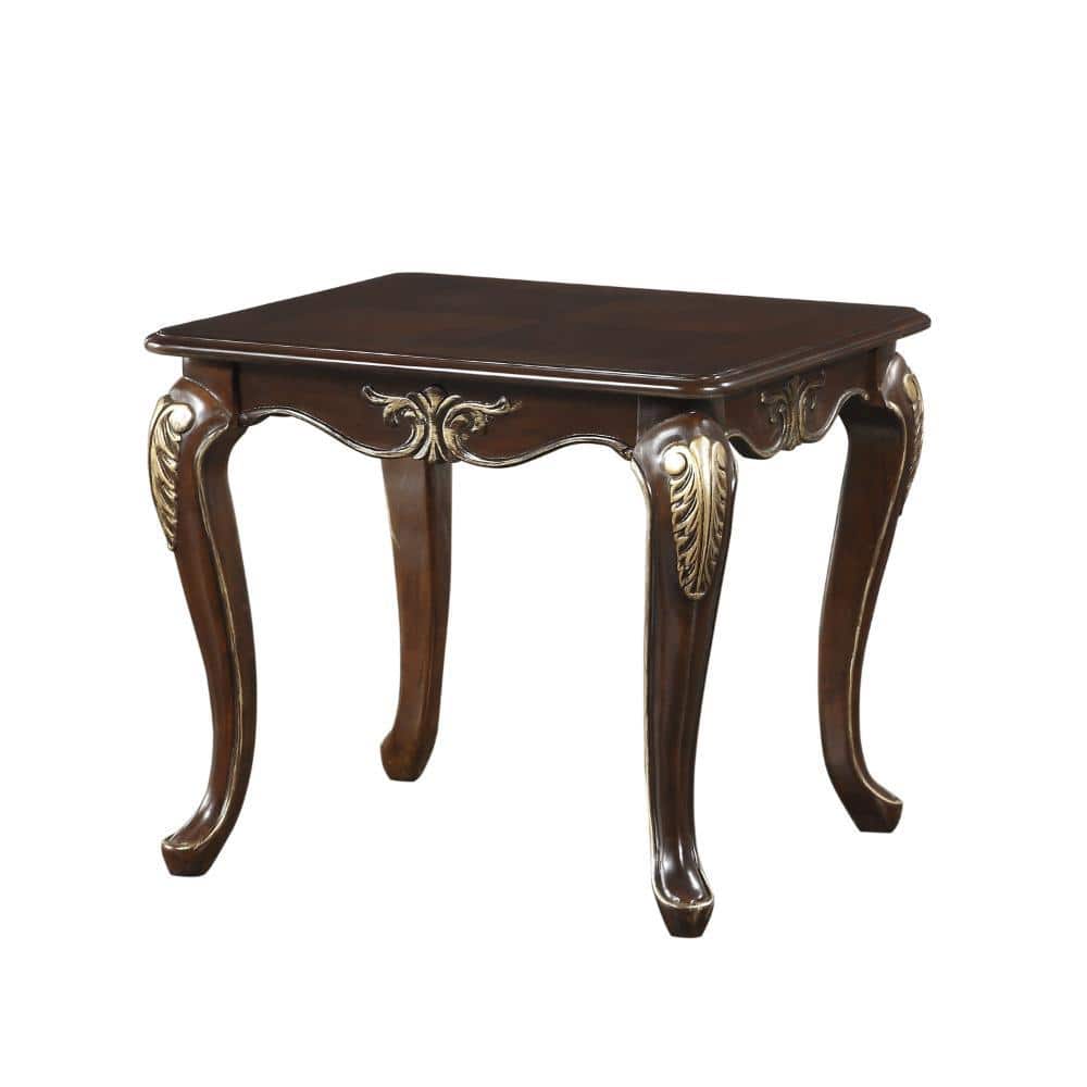 28 in. Brown and Gold Rectangle Wood End Table with Cabriole Legs