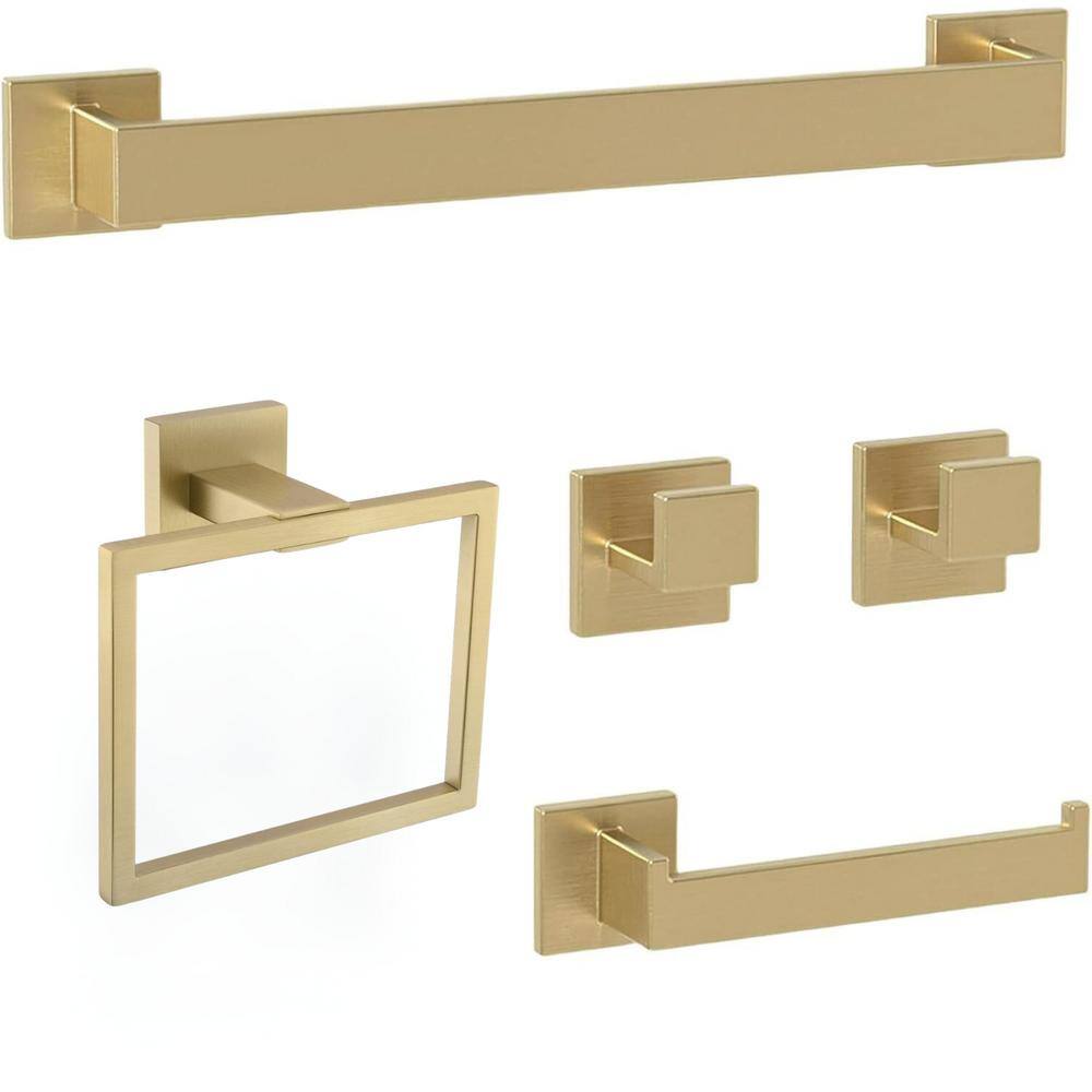 5-Pieces Stainless Steel Bath Hardware Set-16 in. Towel Bar, Ring, Hooks, T